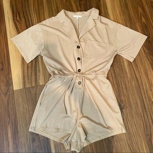 lelis tan drawstring button-up romper